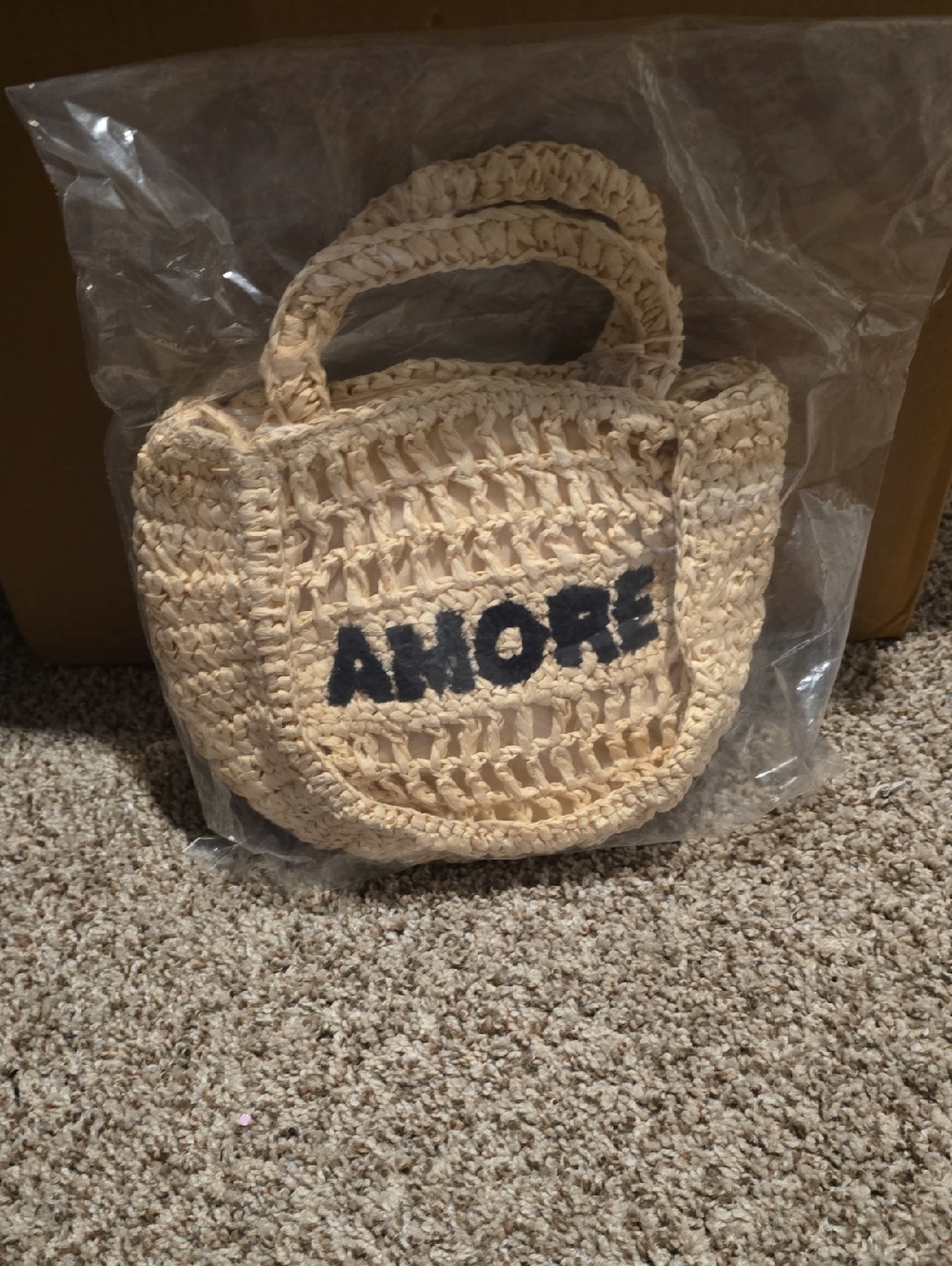 Universal Thread Crochet Straw Tote Bag Beige with Black "AMORE"